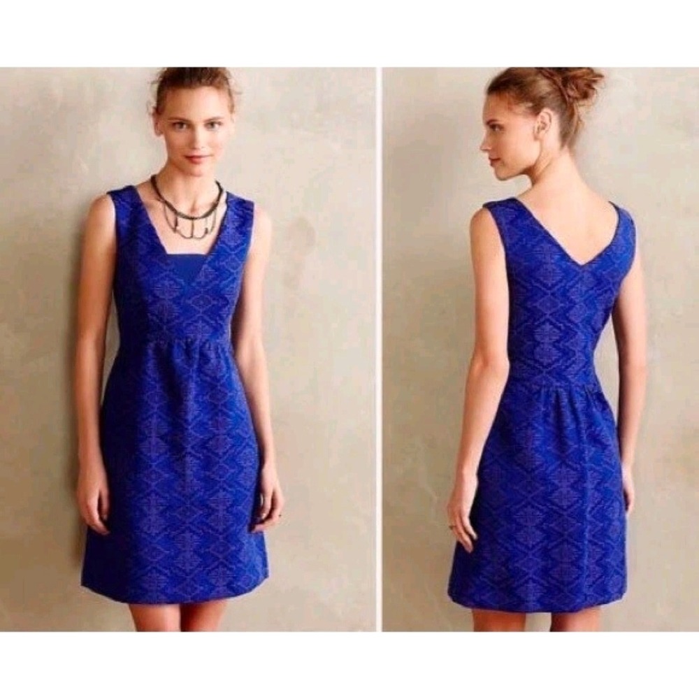 Anthropologie Maeve Averie Blue Jacquard Fit &‎ Flare Sleeveless Dress Sz 2